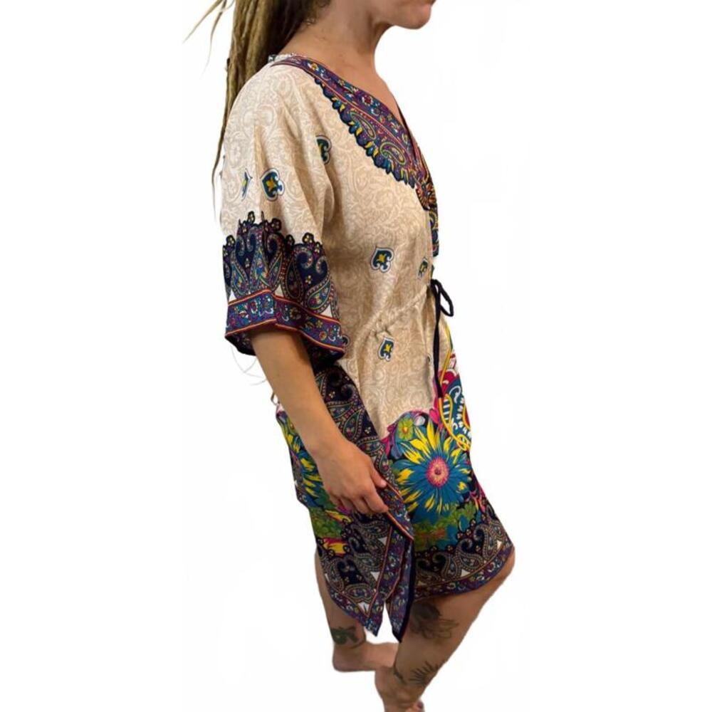 NWT Boho Style Cream & Floral Caftan Swim Beach Cover up Tunic Dress L XL XXL OS - Picture 3 of 3